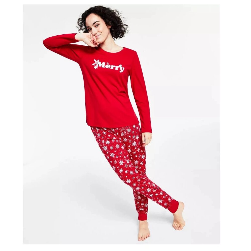Family Pajamas Women's 2-Piece Pajama Set, Red Merry Christmas Snowflake, Small